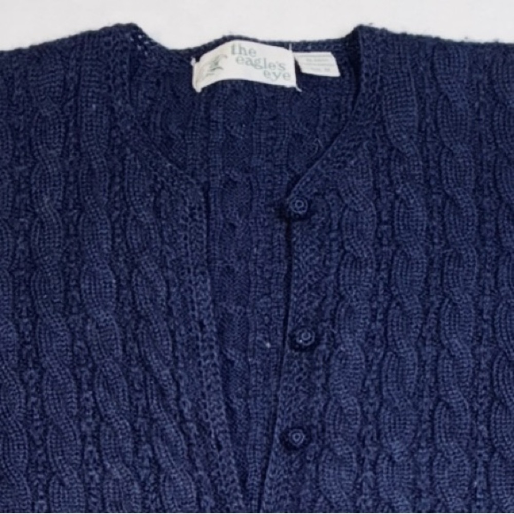Vintage Cardigan Wool Cable Knit Button Up Sweater Navy Blue Med Eagles Eye